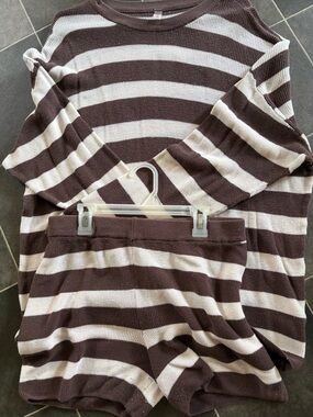 Mono B Brown and Cream Striped Knit Top and Shorts Set